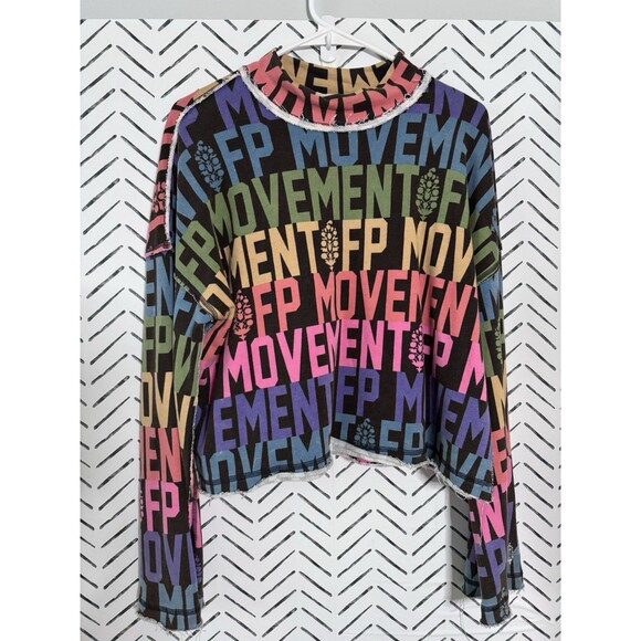 Free People Movement Rainbow Wild Side Logo Tee Long Sleeve Mock Neck Size XS - Picture 1 of 7